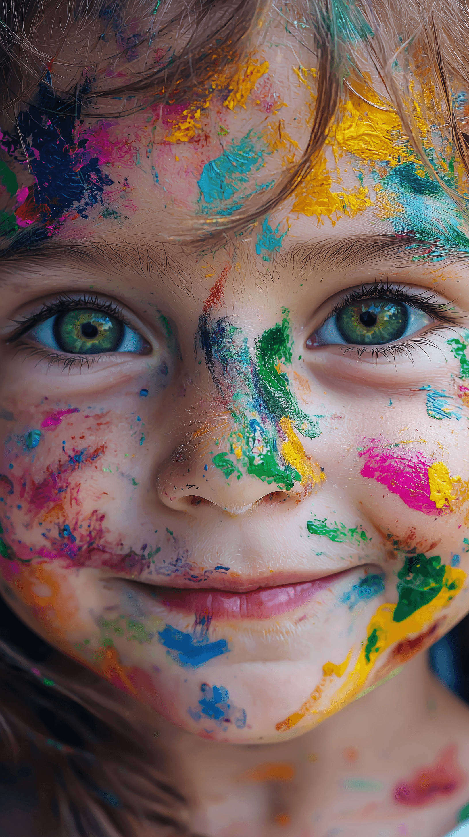 AI generated: abstract color art painted on a child's face, big smile, vibrant and vivid paint splattered across t...