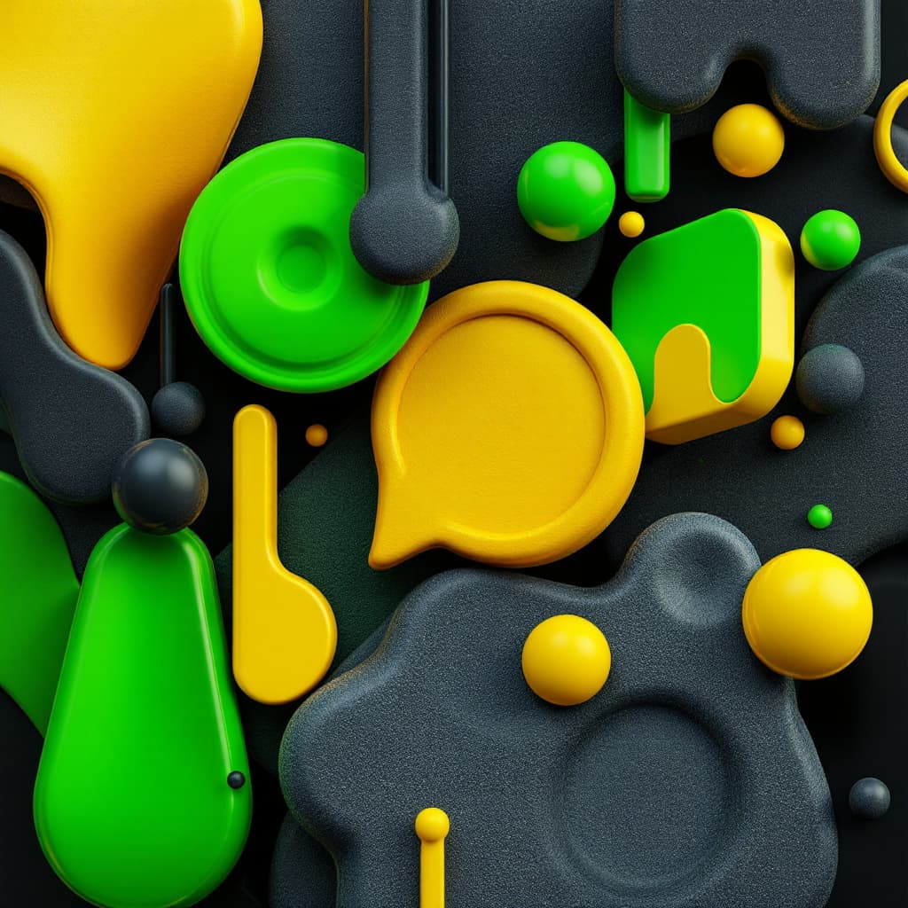 AI generated: 3D geometric shape composition, vivid green and yellow, dark grey colored, various sleek texture, tr...