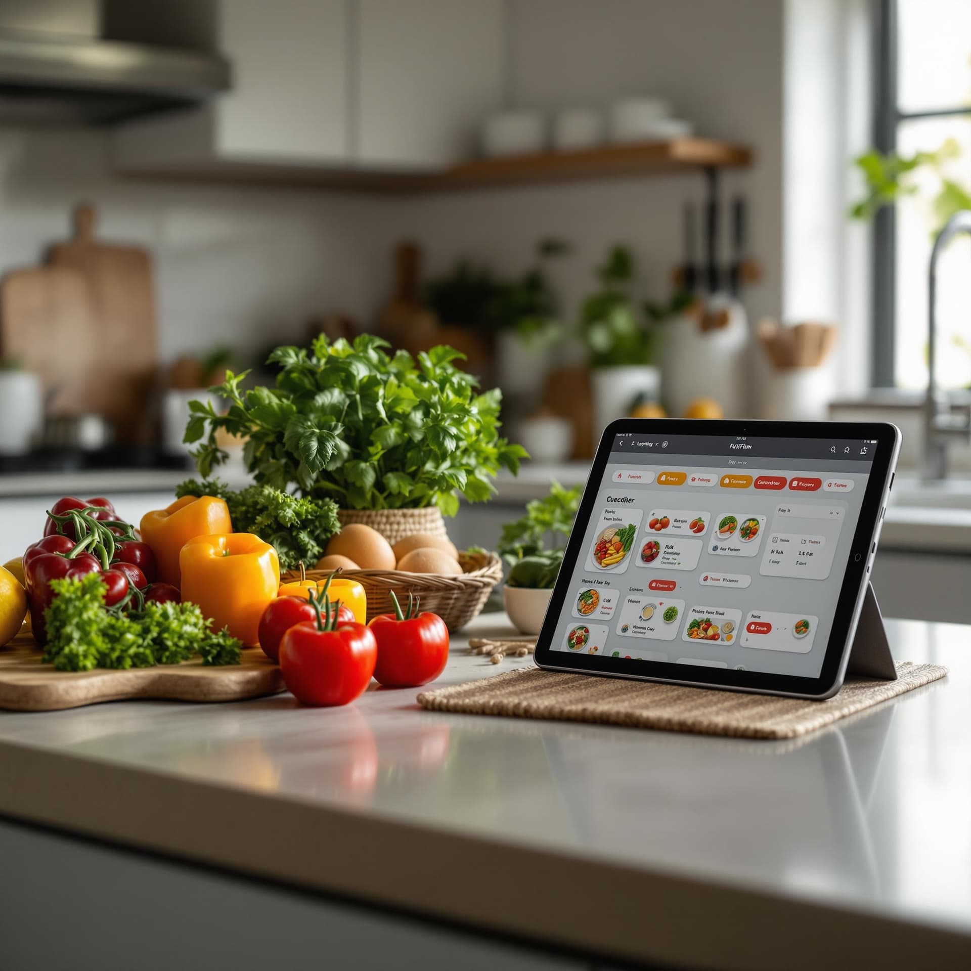 AI generated: A kitchen counter with fresh ingredients and a meal plan on a tablet. dslr, ultra quality, sharp foc...
