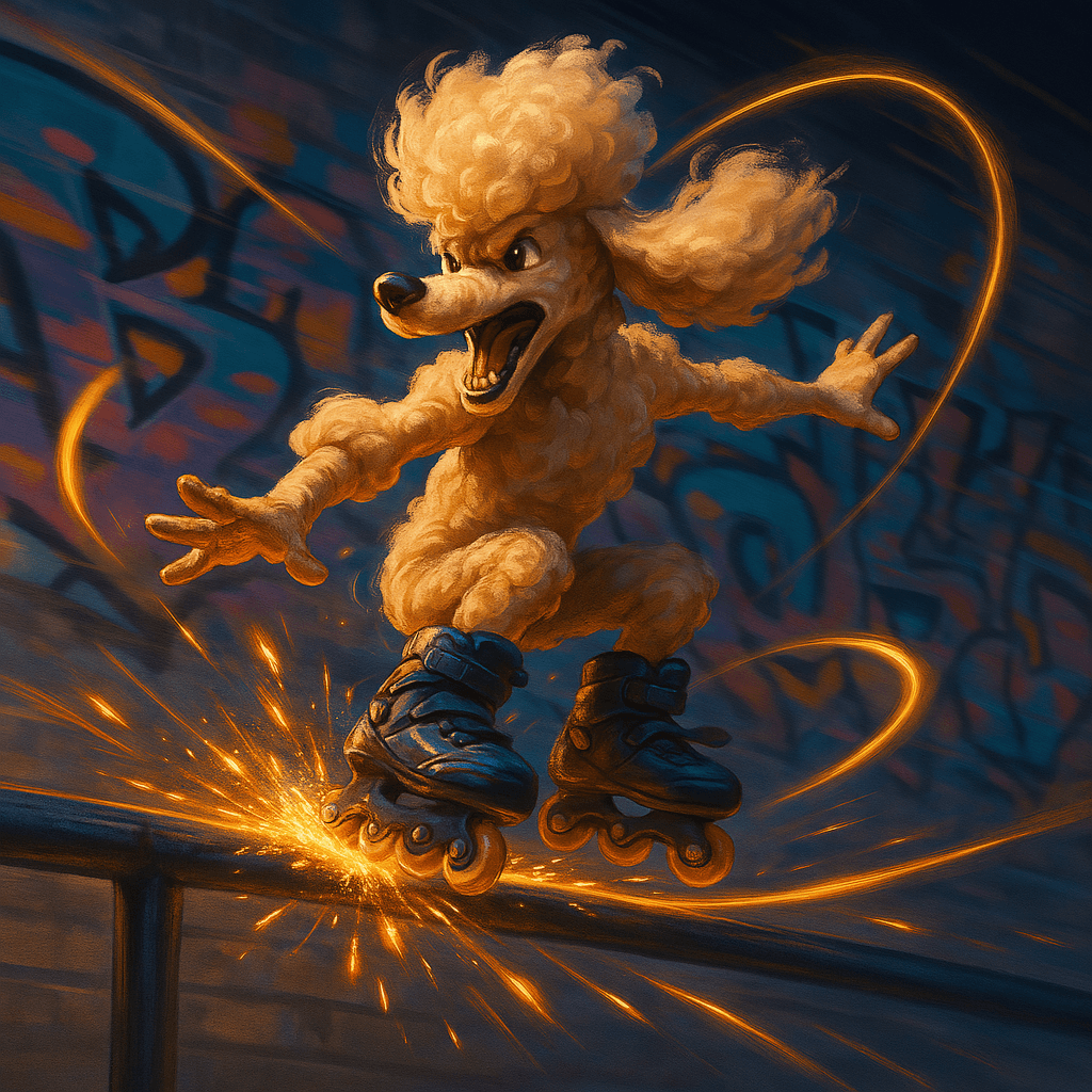 AI generated: "A dynamic action scene of a poodle riding rollerblades, grinding along a railing and spraying spark...