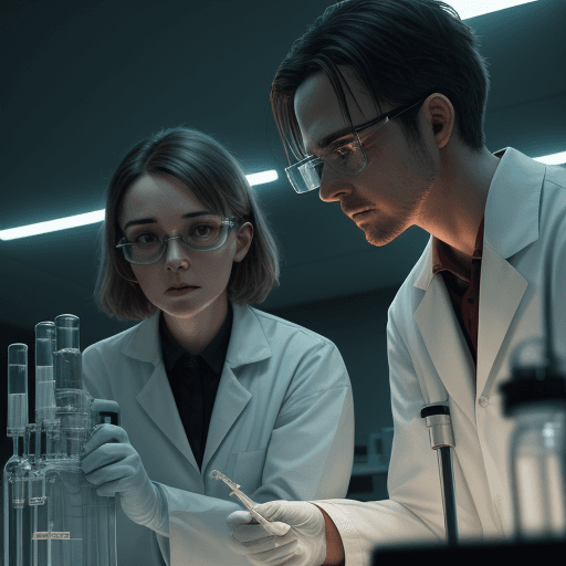 AI generated: Photo of two people biomedical professional, cinematic lighting, various laboratory items, low angle...