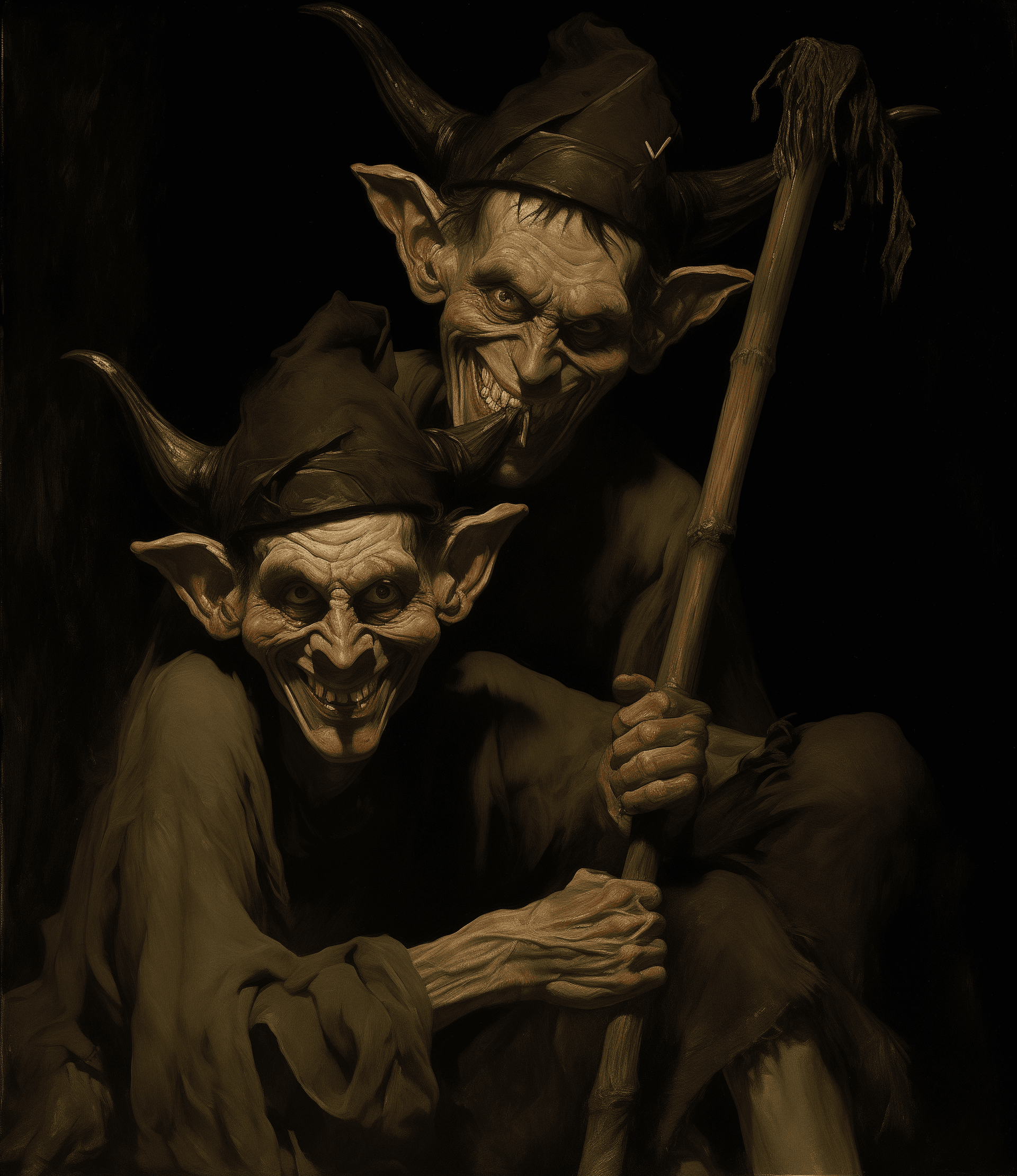 AI generated: A caricature of an elf and Satan holding brooms, in the style of James Tissot, William Mortensen and...