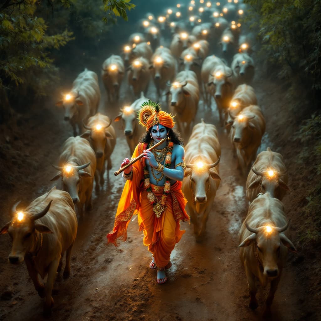AI generated: Lord Shri Krishna Walking with a herd of glowing cows, in a cinematic scene, on a mud road, playing ...