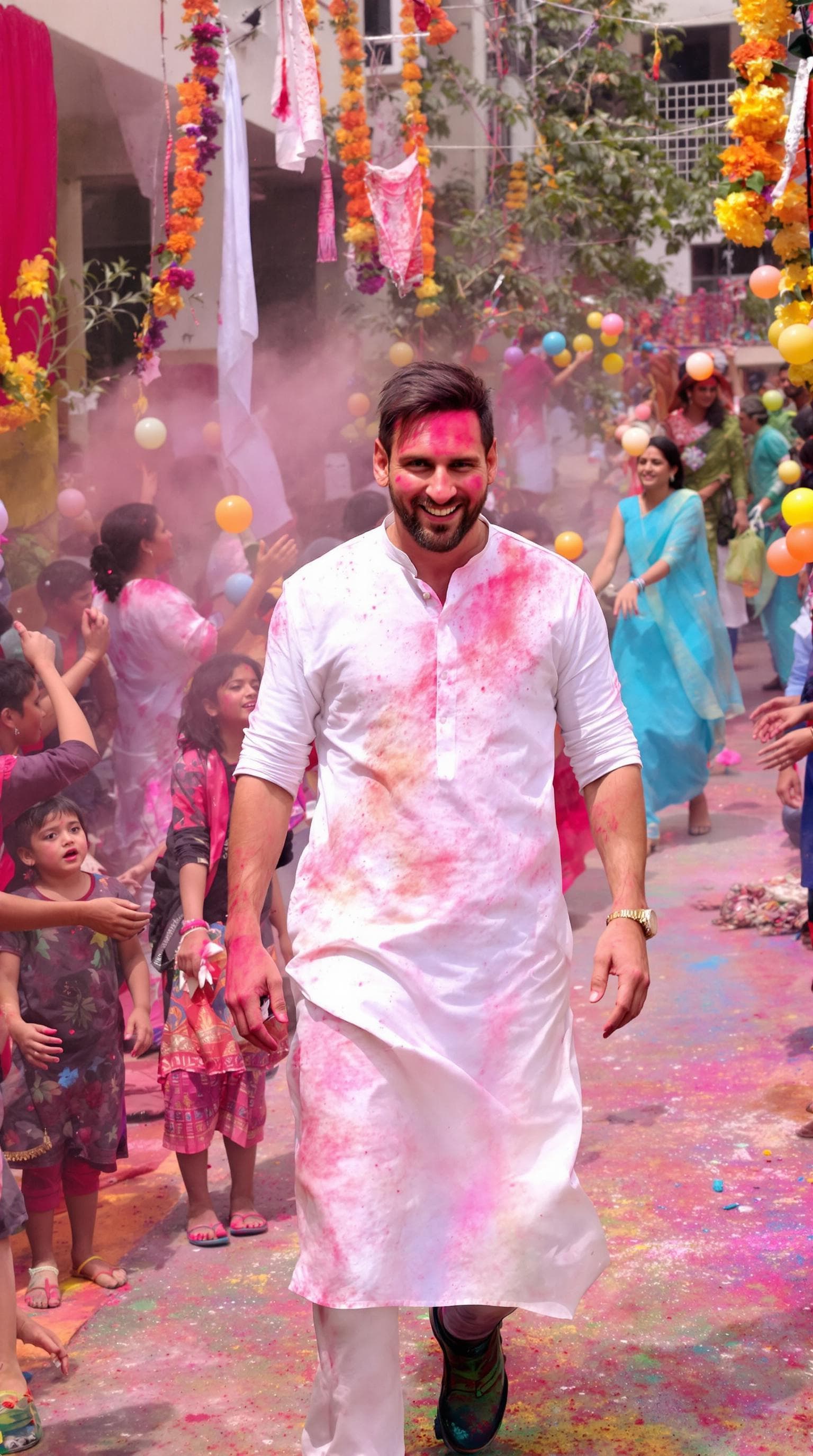 AI generated: A highly realistic, wide-angle photograph capturing Lionel Messi amidst a lively Holi celebration wi...