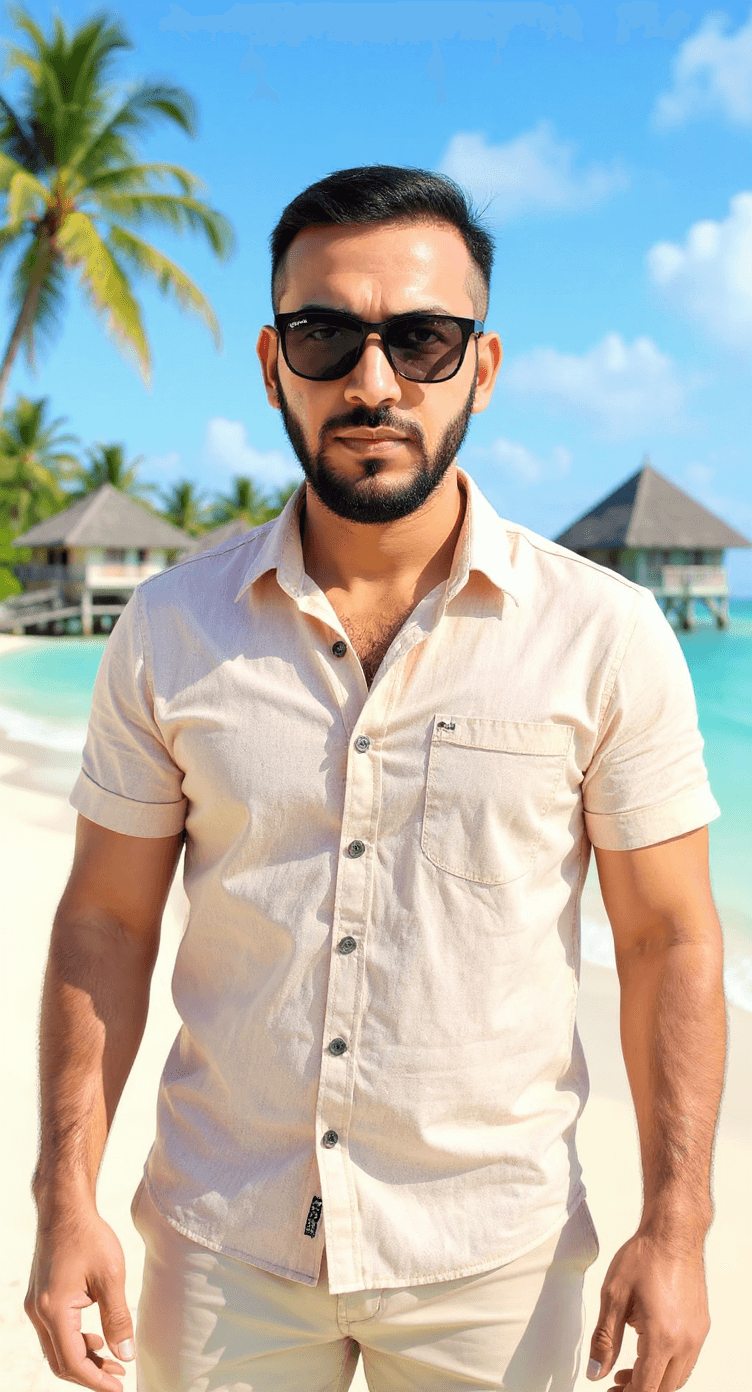 AI generated: A  man in his 30s with  dark sunglasses, . He is standing confidently in the Maldives, wearing light...