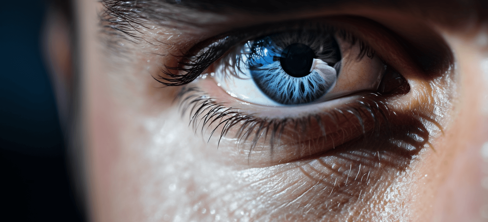 AI generated: close up of blue eyes, man with black eyebrows, straight on shot, photo realistic --ar 64:29 --v 5.2...