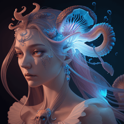 AI generated: Goddess close-up portrait ribcagel. jellyfish phoenix head, nautilus, orchid, skull, betta fish, bio...