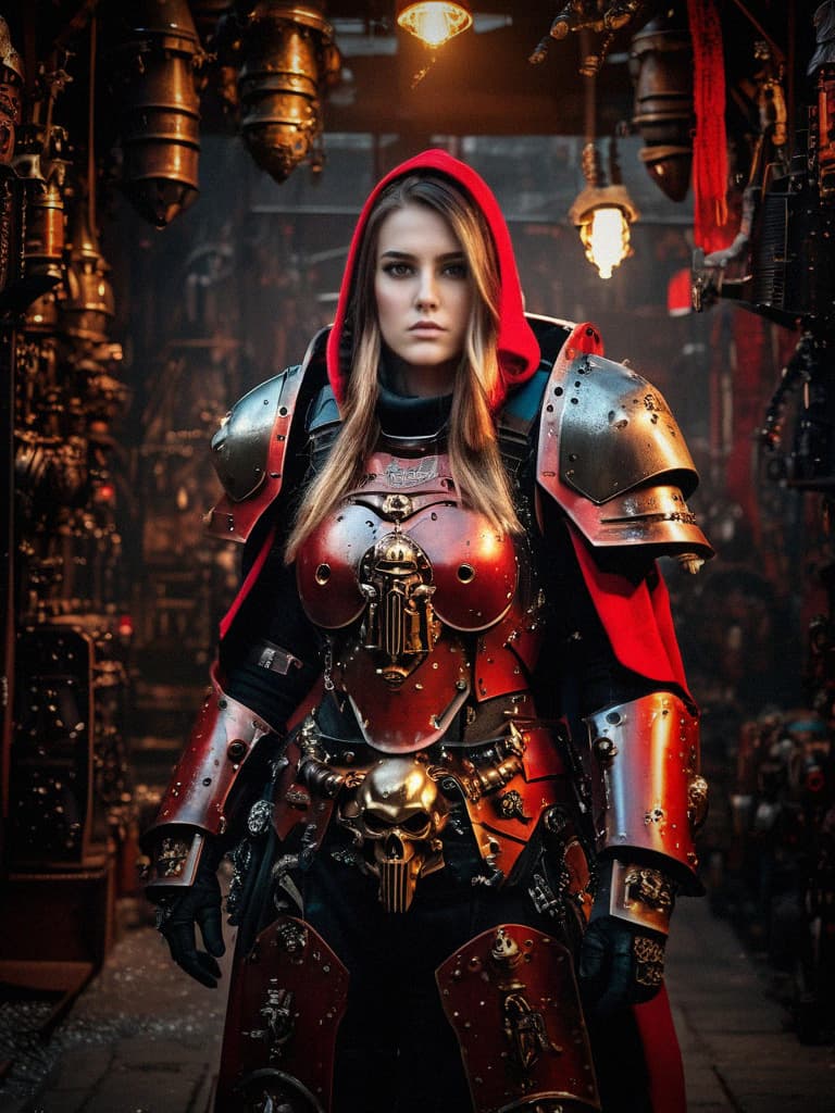 AI generated: 1girl, pretty lady with long hair in power armor-hoodie adeptus mechanicus, extremely detailed armor...