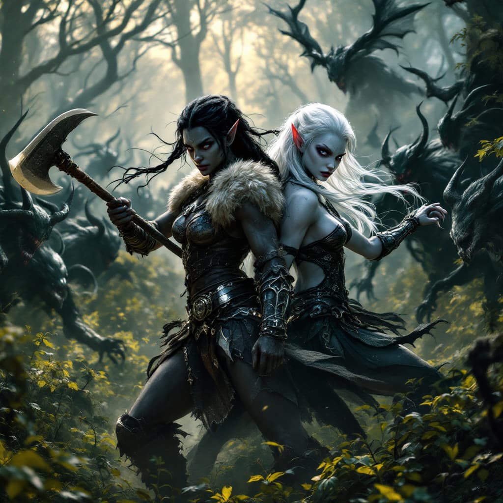 AI generated: Full body view. Two warriors fight a horde of demons. The heroes are back to back. The first hero is...