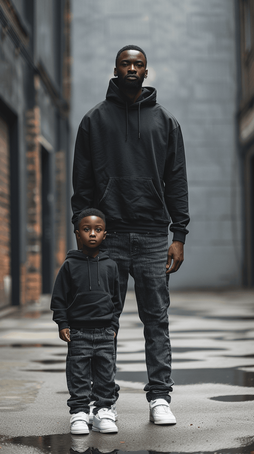 AI generated: wear fitting photography, back view, thirty eight years daddy with eight years son model, in grey ba...