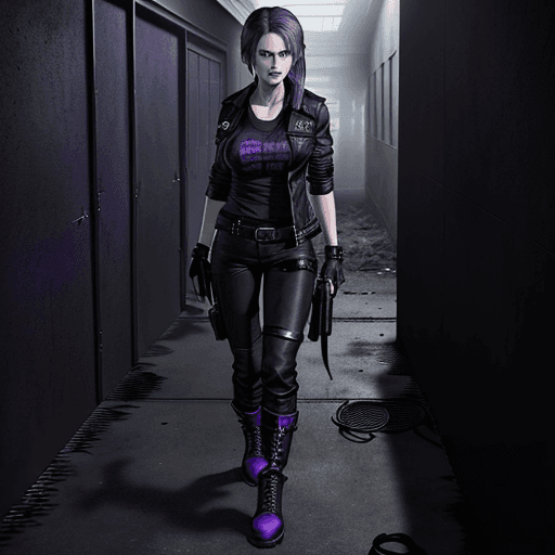 AI generated: Resident Evil 9 

Girl:
she has blue eyes, long purple hair, her clothes are a black t-shirt, a blac...