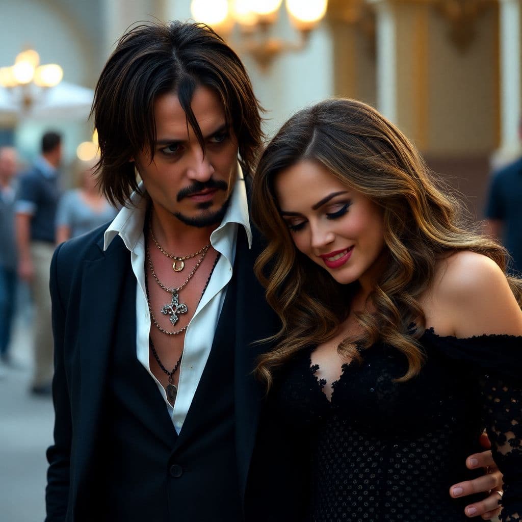 AI generated: scene from the movie Johnny Depp and Angelina Dzoli, full body 