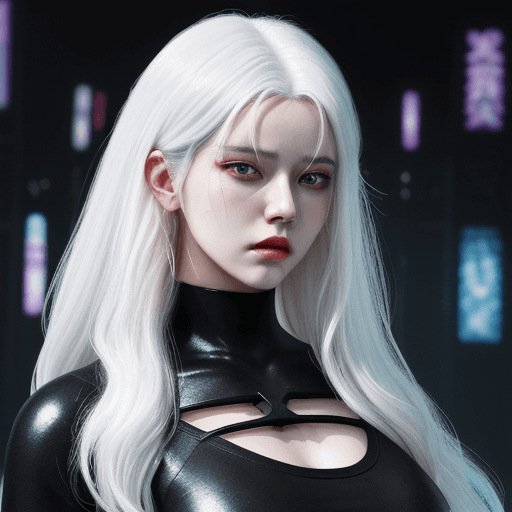 AI generated: an illustration of a woman with a white hair wearing a black t shirt, in the style of colorful fanta...