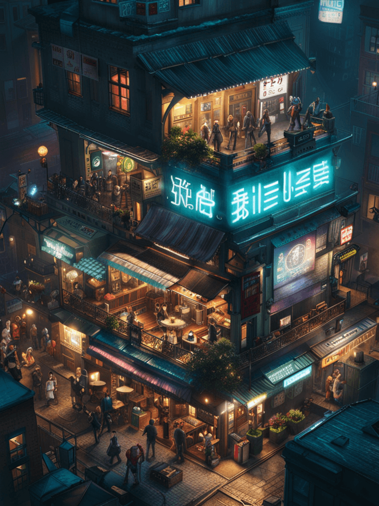 AI generated: ((best quality, masterpiece, RAW photo, digital drawing, cyberpunk style )), high angle shot from ab...