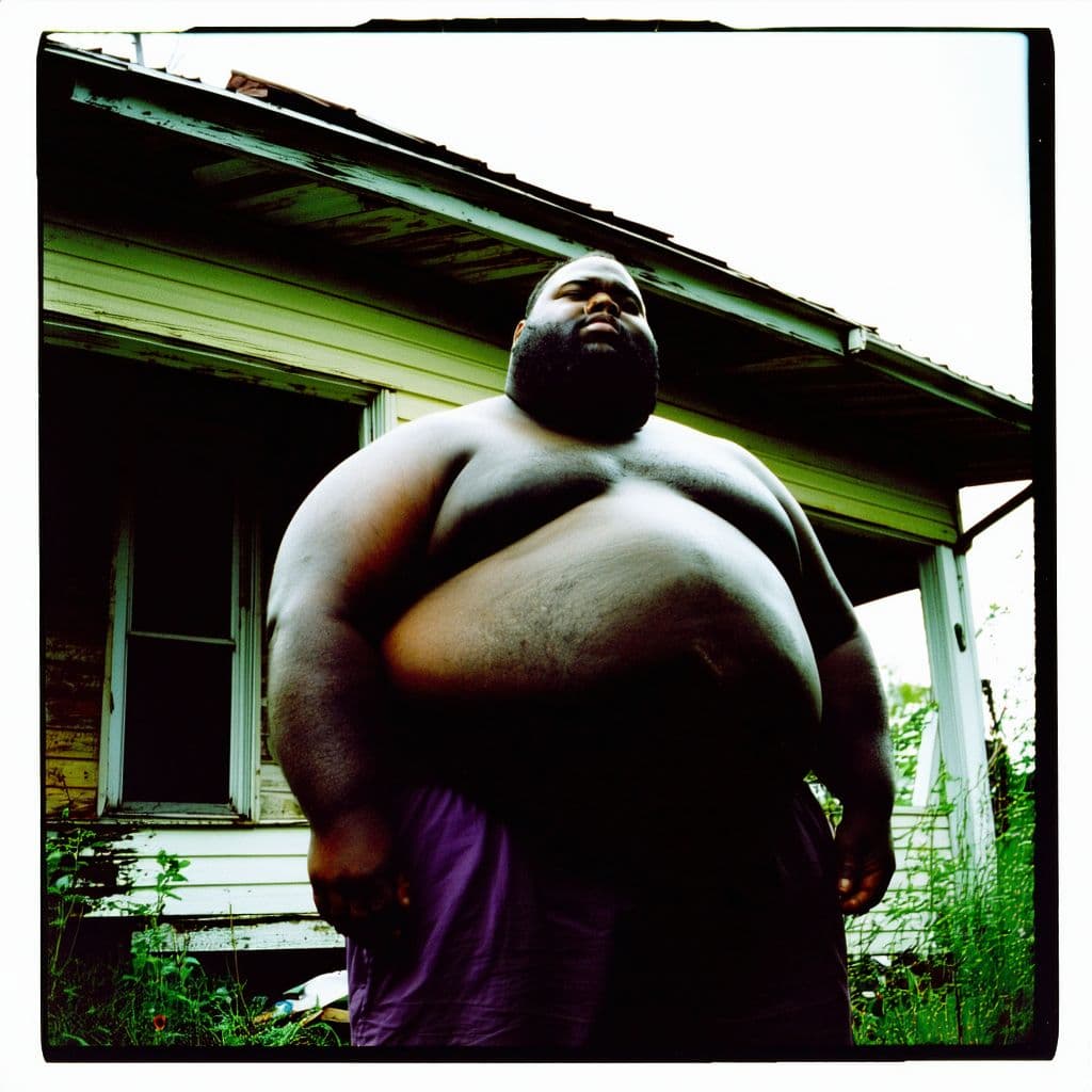 AI generated: grainy 80's photograph quality polaroid of big fat round black man suicide caught in an abandoned ho...