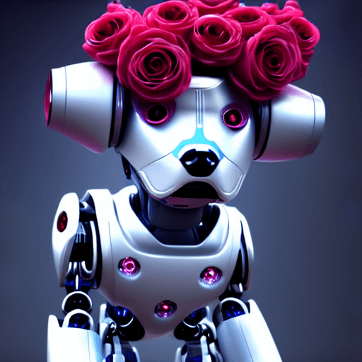 AI generated: beautiful robot dog holding bright roses in hand close-up, cyberpunk, intricate artwork . octane ren...