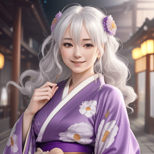 AI generated: a happy beautiful white-haired anime tigger girl wearing purple kimono, wavy hair, anime, beautiful ...