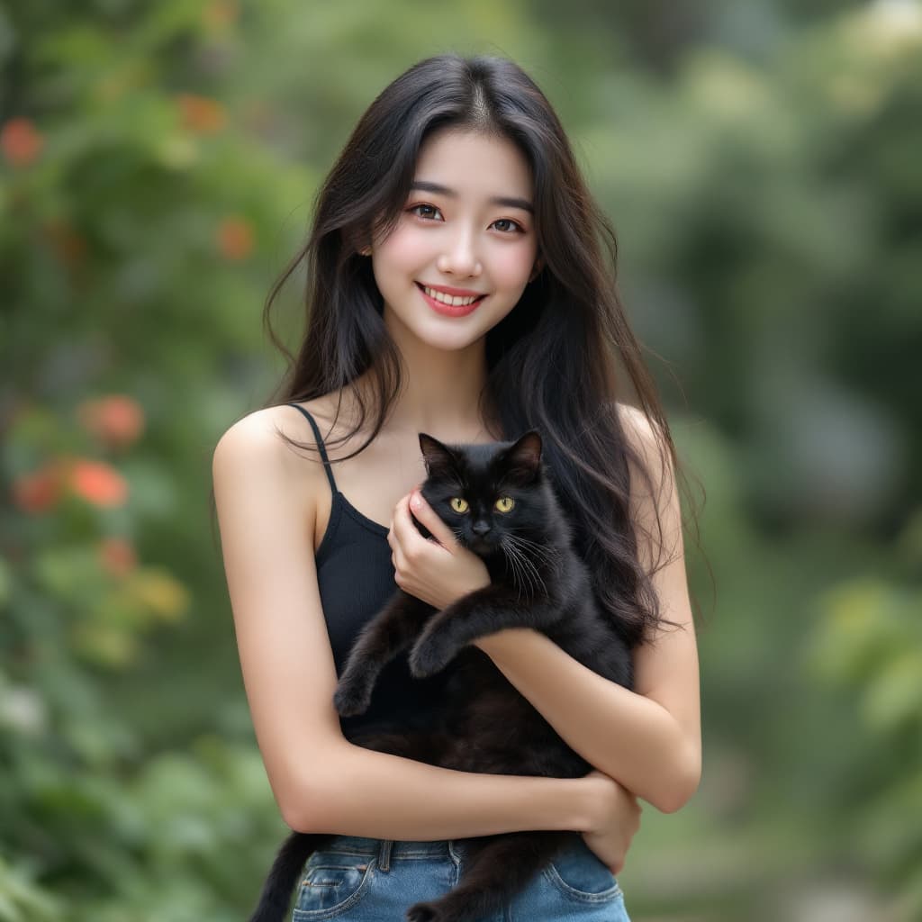 AI generated: Full body photo of Risa, a Japanese girl, wearing a Cropped waist tank top and jeans, Make a Smiling...