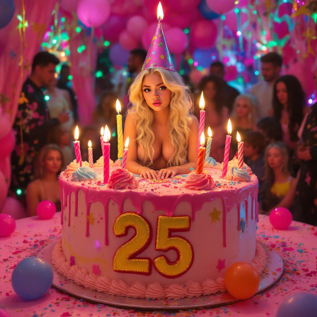 AI generated:  a girl looks like Jennie, sitting in a huge birthday cake, 25 years old, ,cyperpunk, realistic, blo...