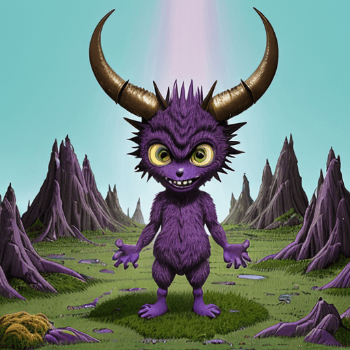 AI generated:  cartoon of a colorful creature, big eyes and big teeth, big horns, light bronze and purple schema, ...