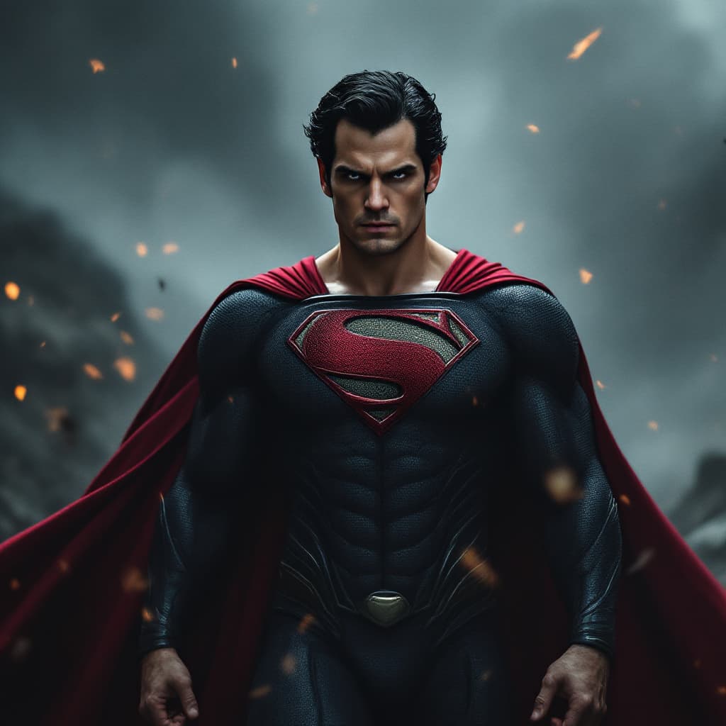 AI generated: Henry Cavil as superman ,in a black and dark red suit whole body, cinematic, intense, cinematic comp...