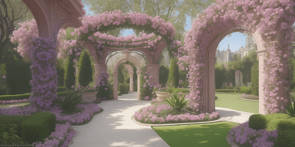AI generated: a n art nouveau Parisiaon garden in a pak like setting with purple and fuscia flowers.  the view sho...