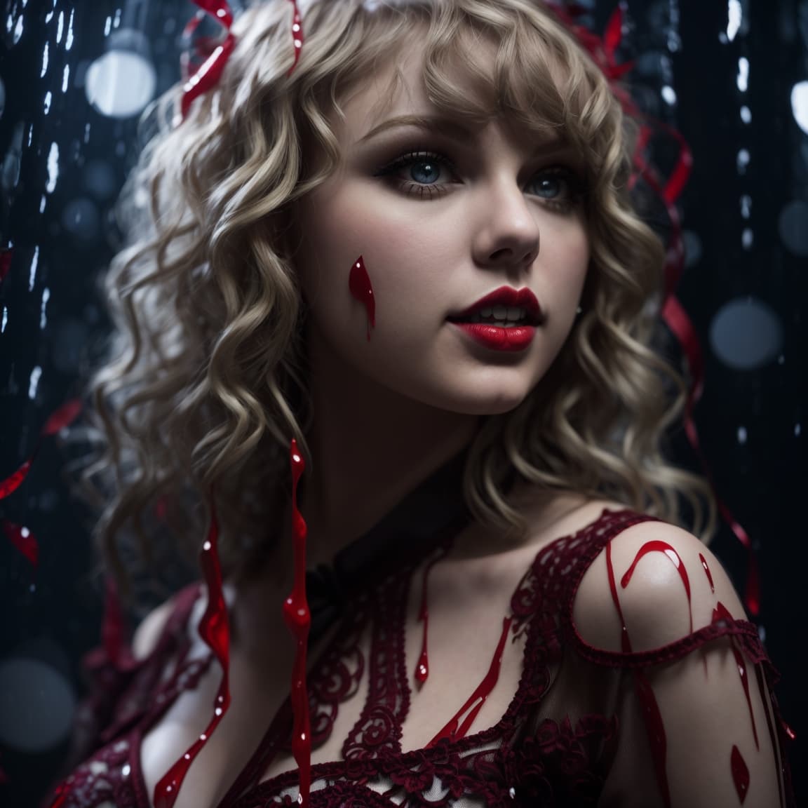 AI generated: taylor swift, in the style of tim burton, raining blood, surreal masterpiece of a gothic love, lust,...