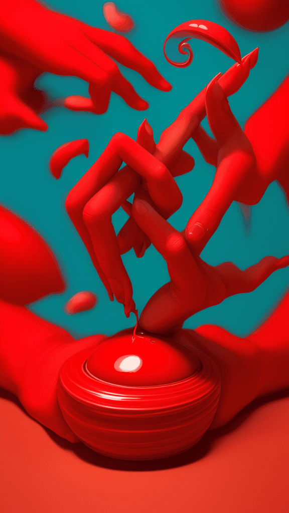 AI generated:  two hands bending down to reach a red object, in the style of vibrant compositions, snailcore, phot...