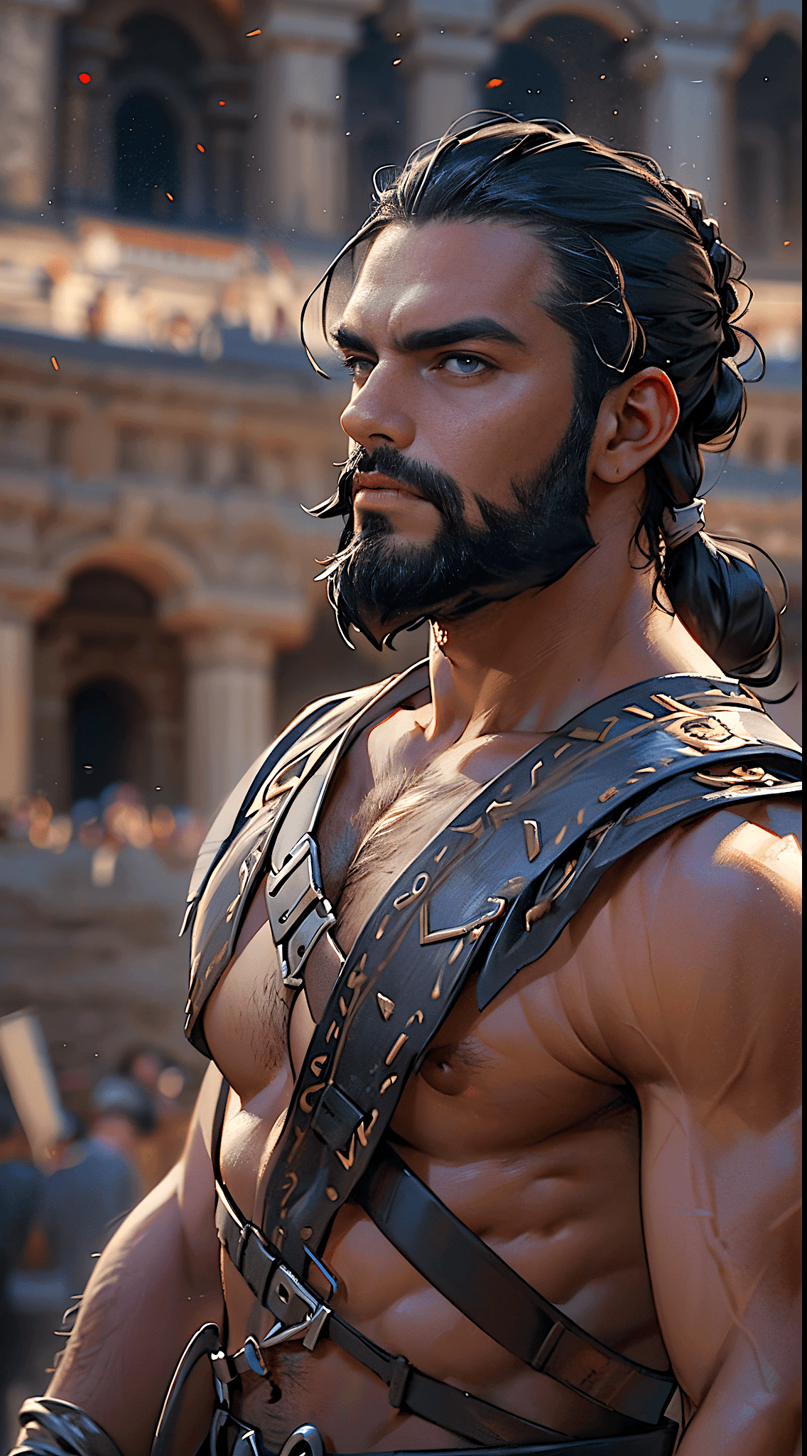 AI generated: A champion gladiator, bronze skin, dynamic warrior pose, braided long black hair, beautiful realisti...