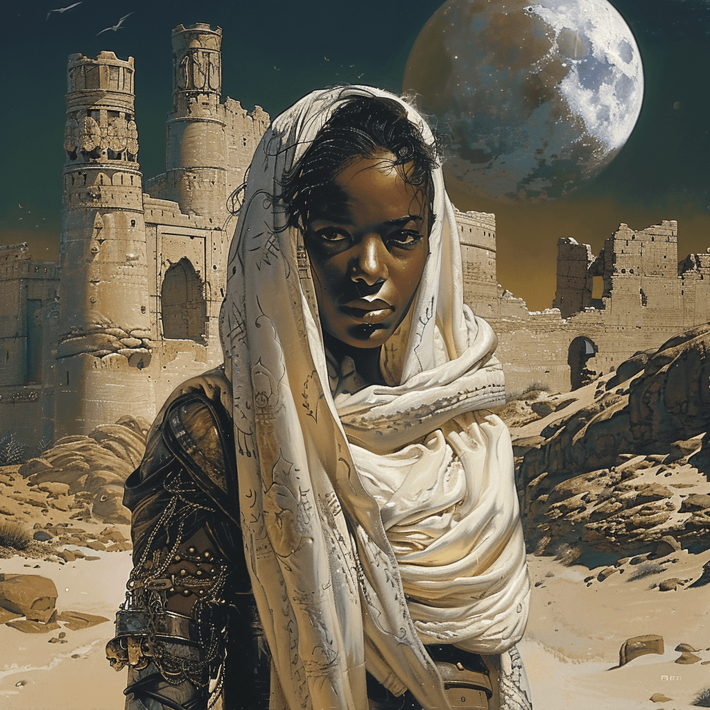 AI generated: A mysterious black woman with an ethereal glow wearing a white scarf stands in the desert, surrounde...