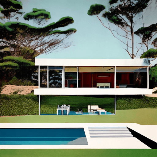 AI generated: Hyper realistic eye level exterior photo of a mid century modern style house overlooking the ocean, ...