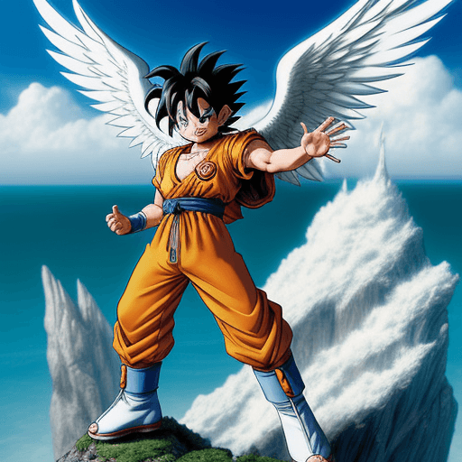 AI generated: Toriyama Akira's comic IP Goku, with white angel wings behind him and an angel ring on his head, wav...