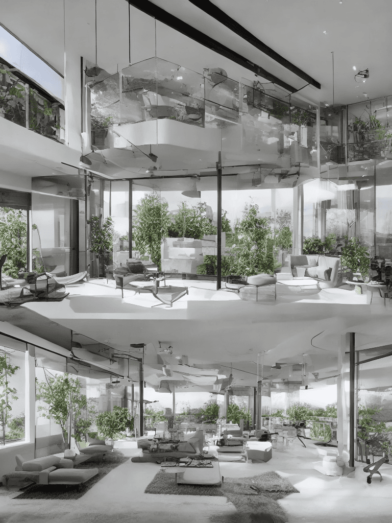 AI generated: 8 meters long and 1.6 meters wide balcony, floor-to-ceiling windows, three-tier flower shelves, loun...