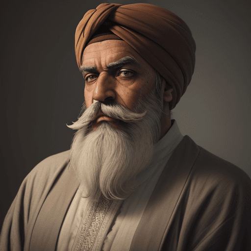 AI generated: The image features an older man with a beard and mustache, sad eyes, wearing a turban and a long rob...