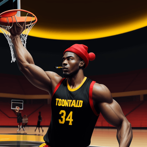 AI generated: A Black muscular saci with red hat and yellow smoking pipe playing basketball with a tornado around ...