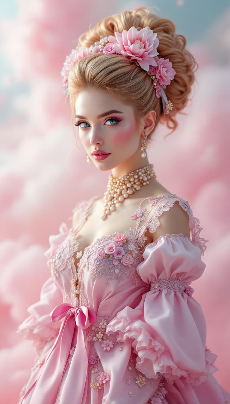 AI generated: An ultra-realistic, full-body portrait of a captivating rokoko confectioner woman, radiating playful...