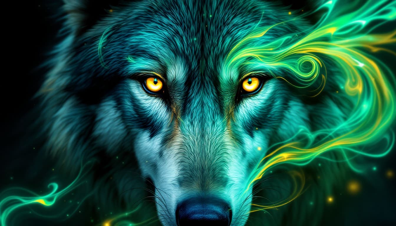 AI generated: a hyperrealistic portrait of a wolf's head, featuring intense yellow eyes that convey strength and w...