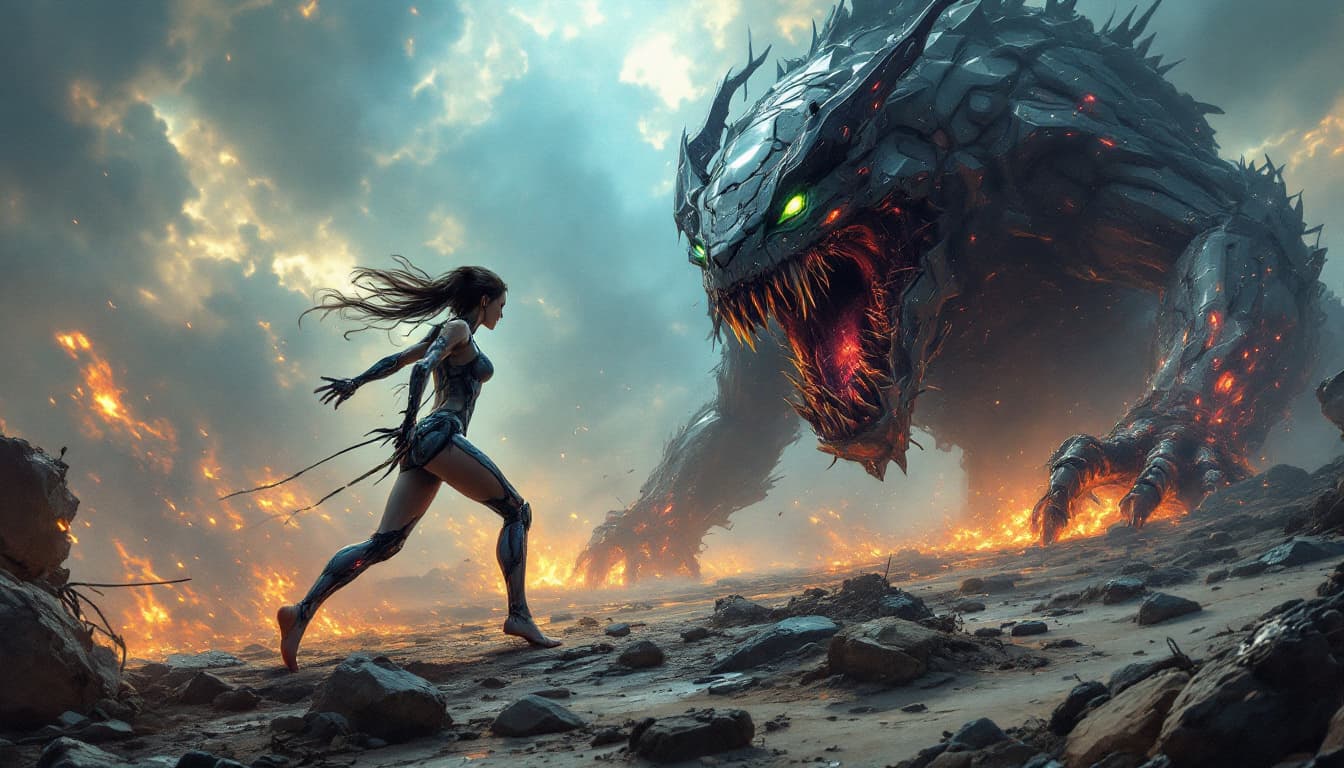 AI generated: A female cyborg barefoot battling a giant monster in a post-apocalyptic world cover, hyperdetailed p...