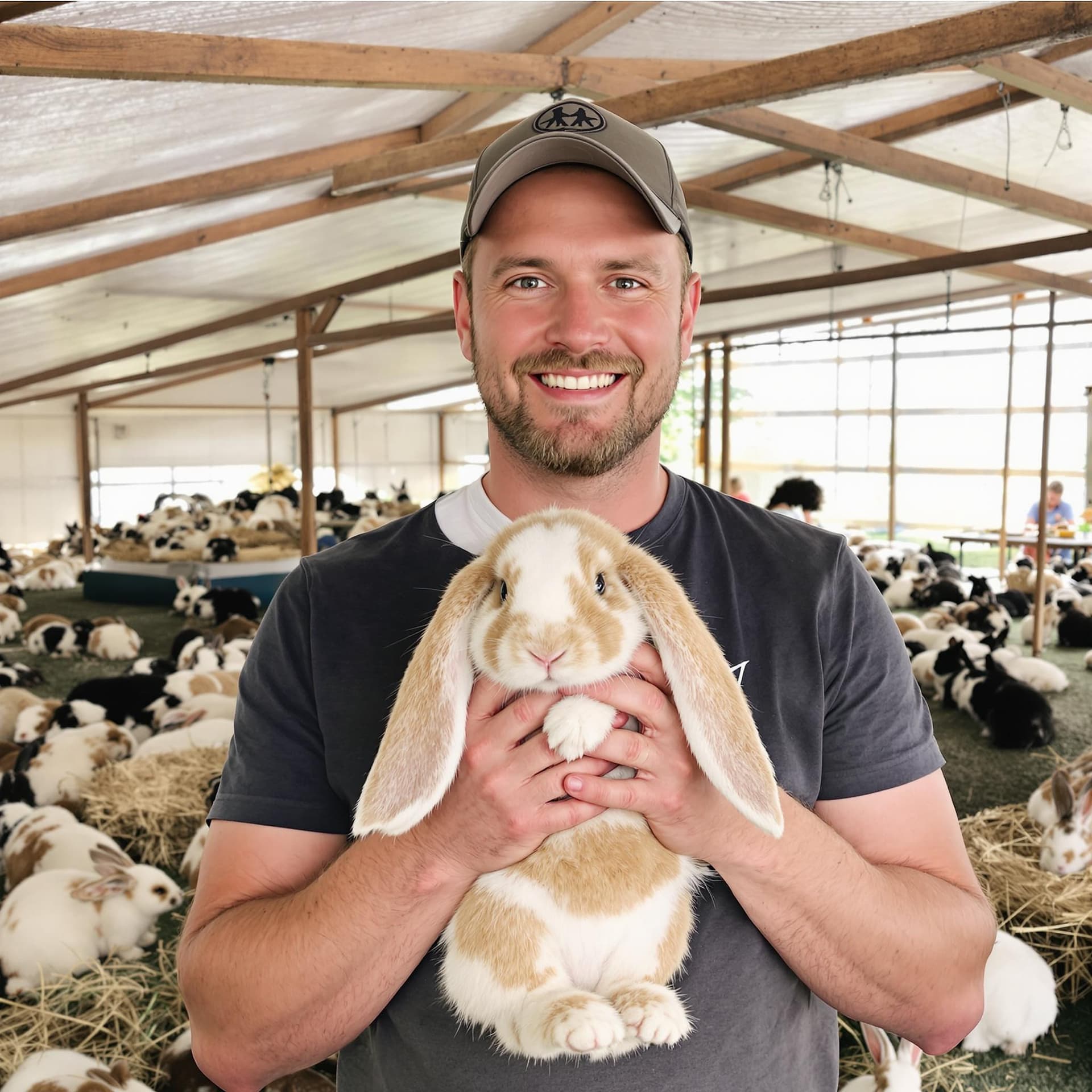AI generated: In the photo in the rabbitry, a man holds a rabbit by the ears and looks at the camera, smiling.

