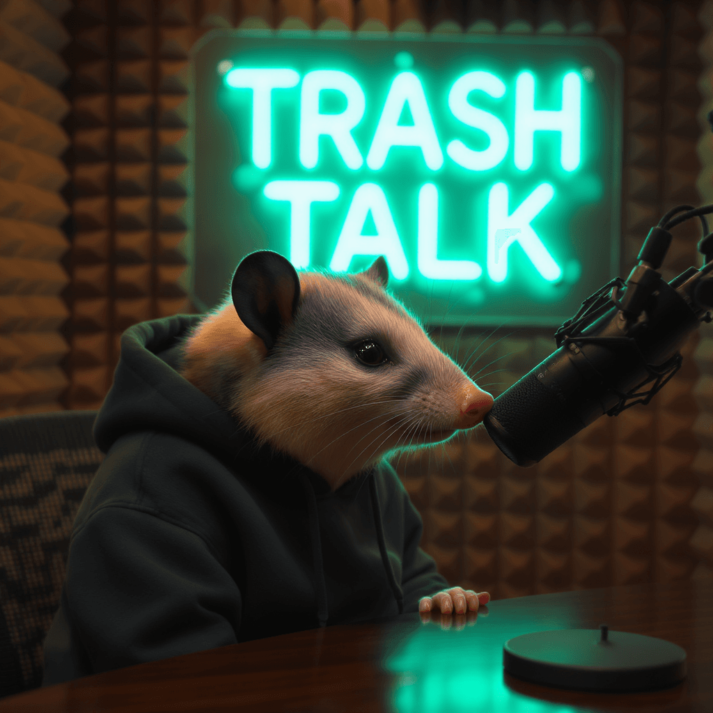 AI generated: ultra-realistic possum in a podcast booth, hoodie on, leaning toward a podcast microphone, low warm ...