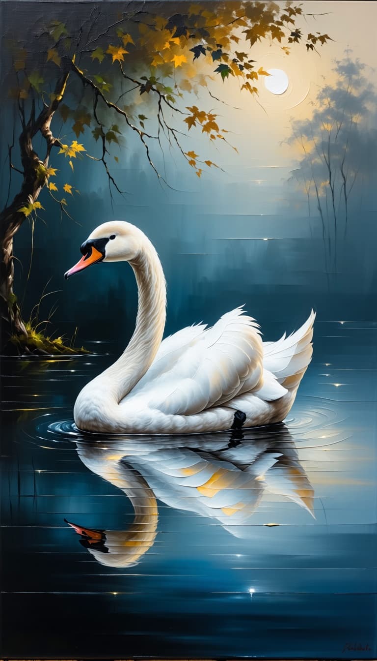AI generated: An oil painting of an elegant swan with iridescent plumage, floating on a tranquil pond reflecting a...