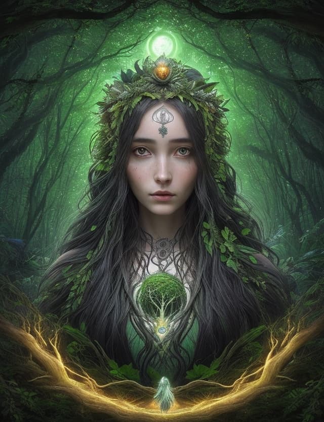 AI generated: a mystical nature goddess emerging from the lush forest, bathed in the soft moonlight. She is the em...