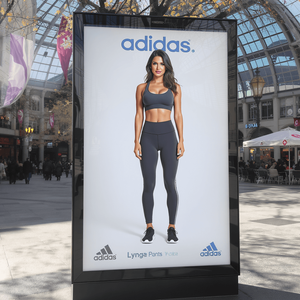 AI generated: salma hayek doing a modeling add for adidas lycra yoga pants. in munich city centre