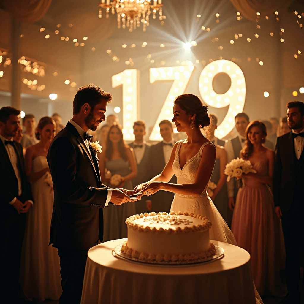 AI generated: bright crowded wedding scene, a pair man and a woman holding a knife about to cut (a cake shaped as ...