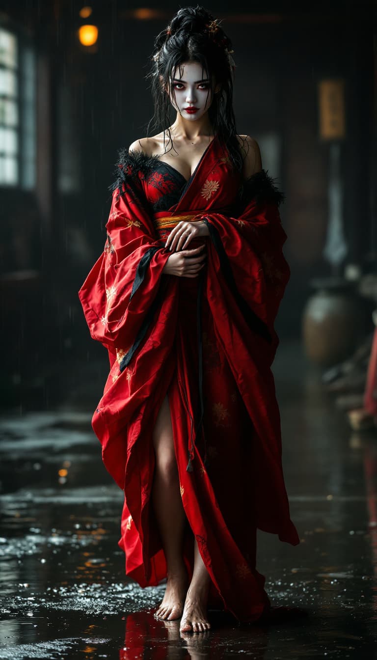 AI generated: Full body view of a beautiful black hair woman in red and black kimono, barefoot, and geisha makeup ...