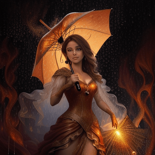 AI generated: An enchanting brown haired figure made of enchanted flames stands holding a magnificent umbrella mad...