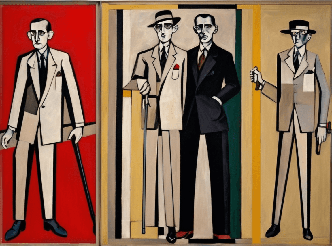AI generated: three men in suits and ties, one with a cane, a pop art painting by Amadeo de Souza Cardoso, pixiv, ...