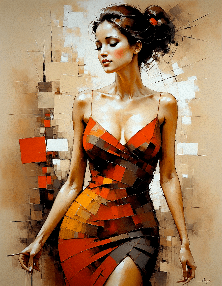 AI generated: A stylized painting of a woman in a contemplative pose with an elegant updo. Her dress should be mad...