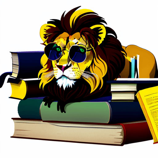 AI generated: An lion wearing round glasses, next to a pile of books in different colors. On a white background. c...