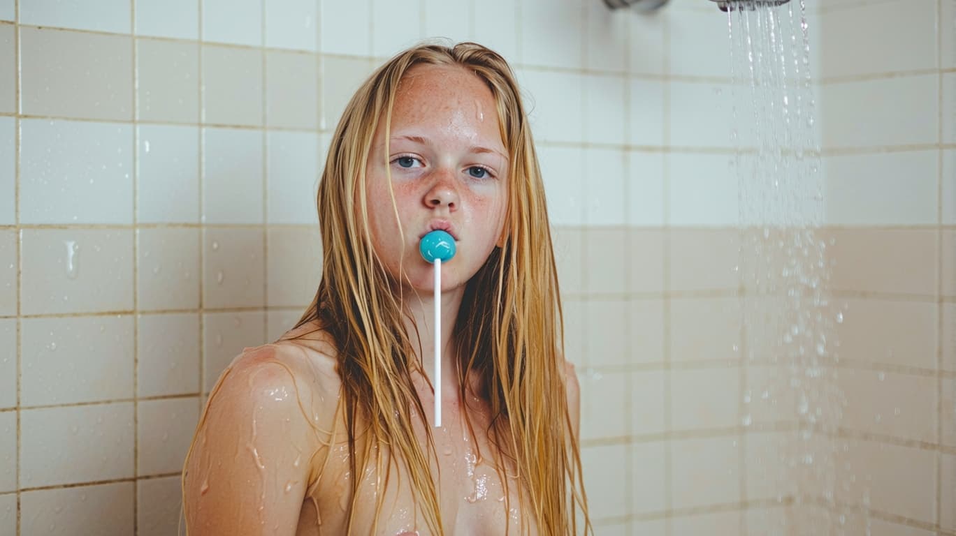 AI generated: A young woman with long, blonde hair is standing in a shower, naked, with flat tits and hairy pussy....